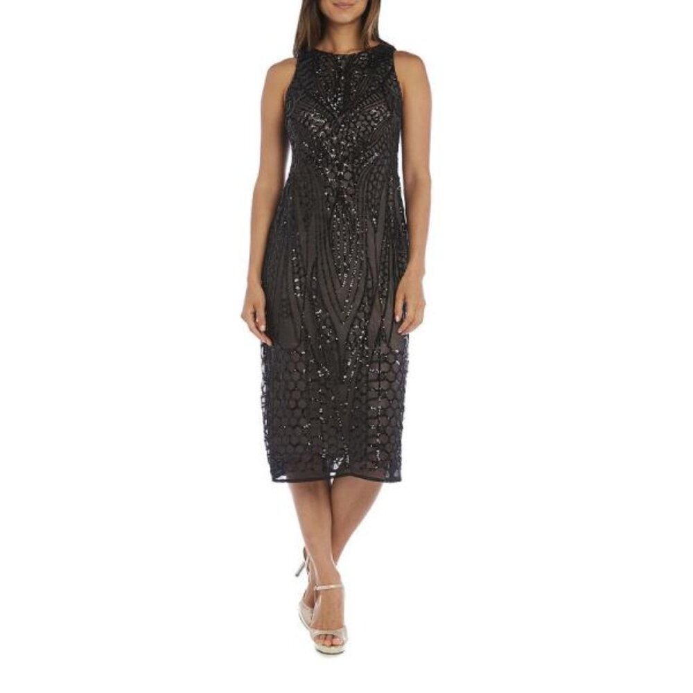 R & M Richards Sequin Dress in Black/Nude New With Tags Size 12P - Picture 1 of 2